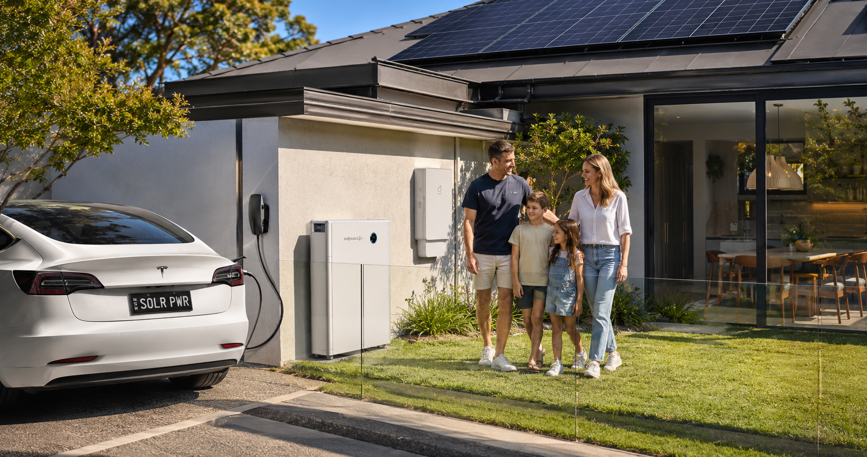 Australian family standing outside their solar-powered home